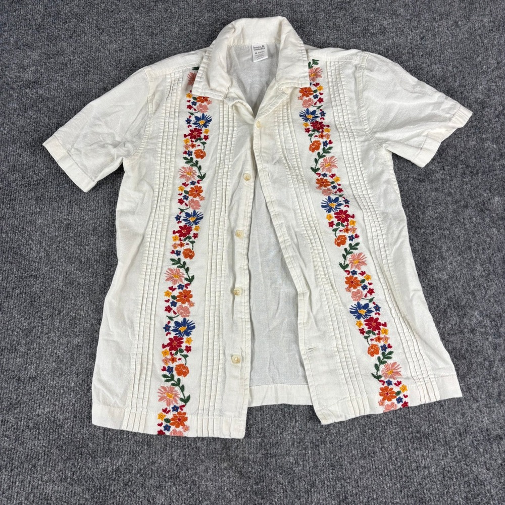 Hope & Wonder Shirt Girls Size M 10/12 White Linen Blend Floral Embroidered Boho
